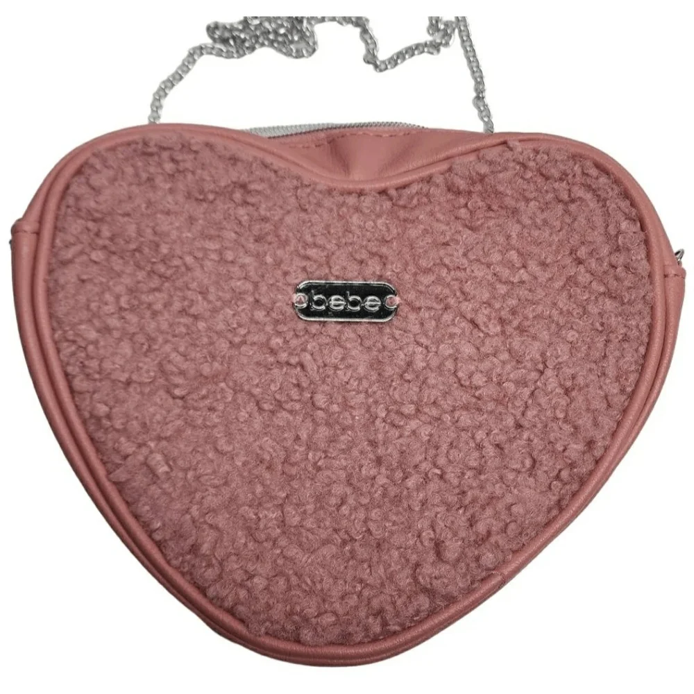 Bebe Pink Heart Crossbody Bag with Plush Texture - Picture 1 of 13